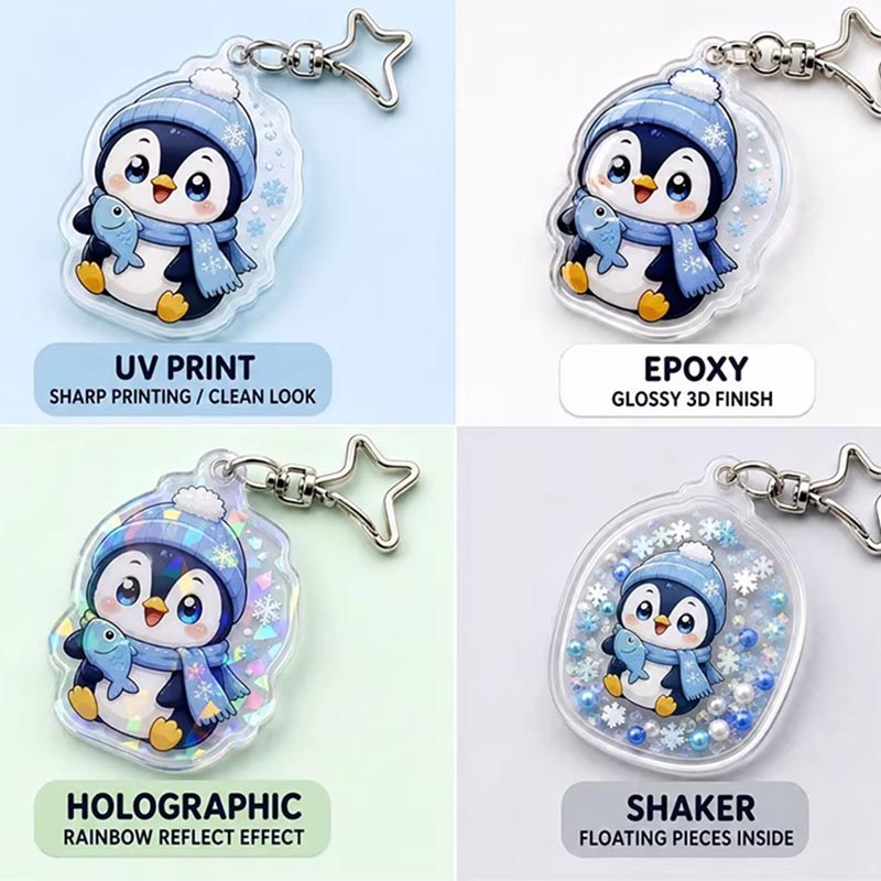 Benutzerdefinierter Pinguin Acryl Schlüsselanhänger Schneeflocke Anime Anhänger Design