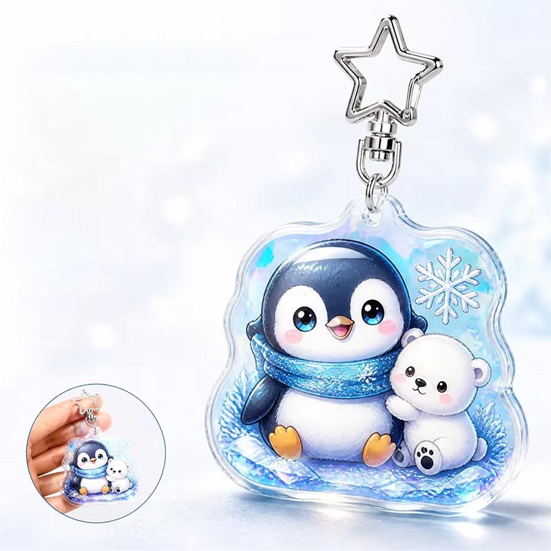 Benutzerdefinierter Pinguin Acryl Schlüsselanhänger Schneeflocke Anime Anhänger Design